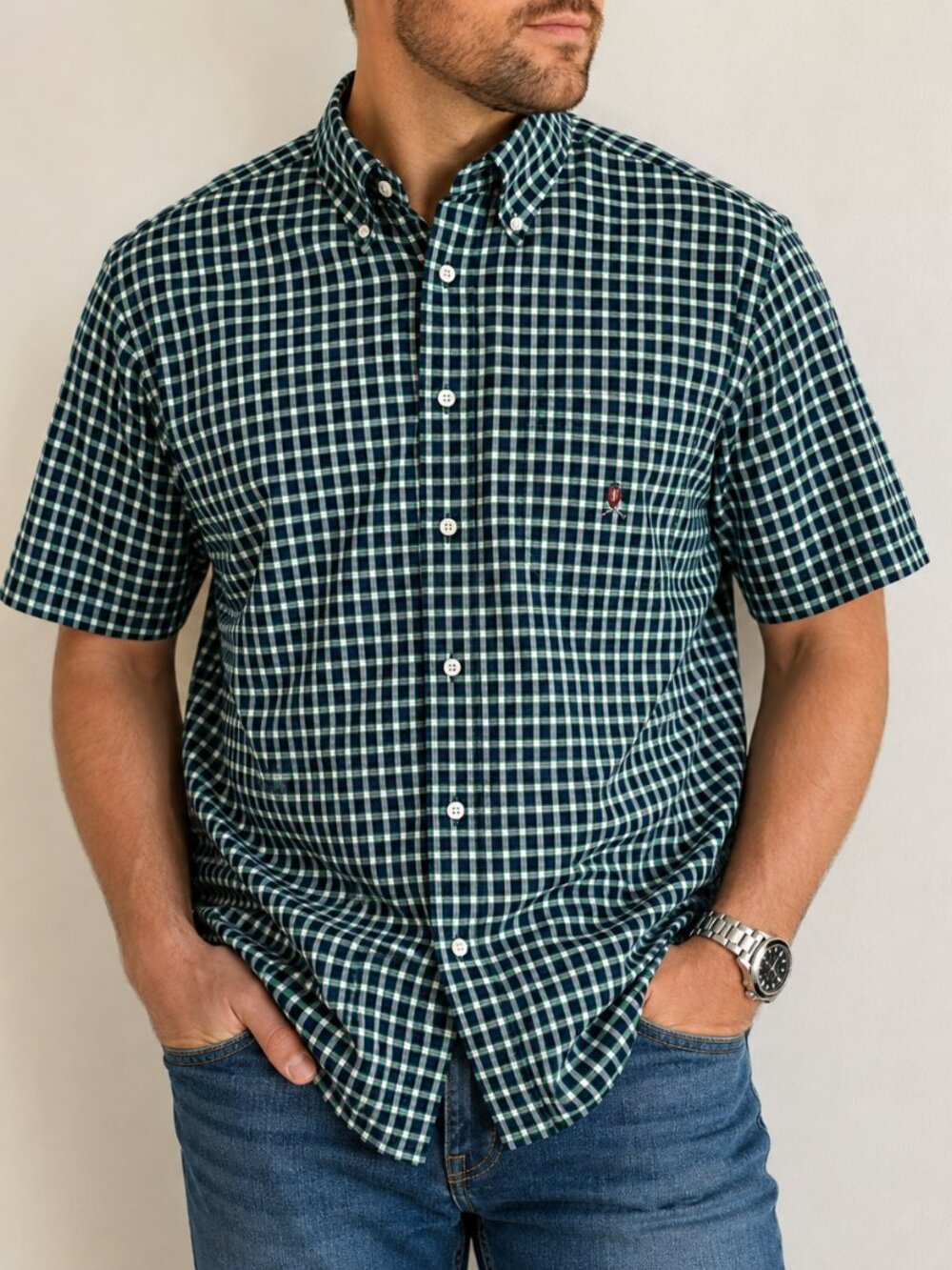 Tommy Hilfiger Plaid Button Down Shirt XL Green Navy Check Short Sleeve Cotton